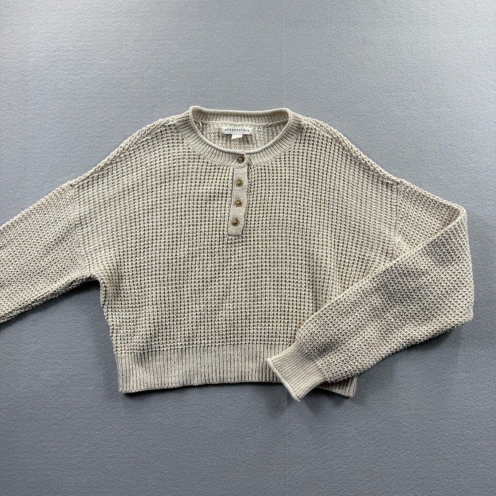 Aéropostale Sweater Womens Medium Beige Waffle Knit Henley Cropped Pullover